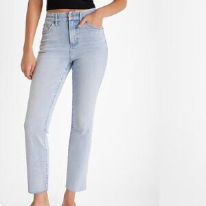 Express High Waisted Light Wash Raw Hem FlexX Straight Jeans